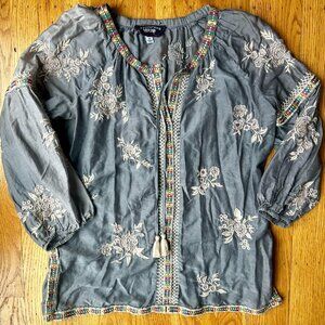 JOHNNY WAS Workshop Sophia Tie-Neck Gray Embroidered Peasant Blouse, Size XS